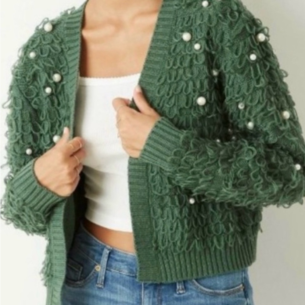 Mighty Fine Emerald Green Loop Pearl Cardigan XS NWT Cottagecore Classy